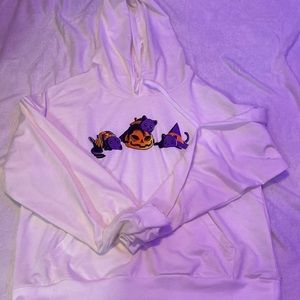 white hoodie with cats and pumpkins on it for halloween!!